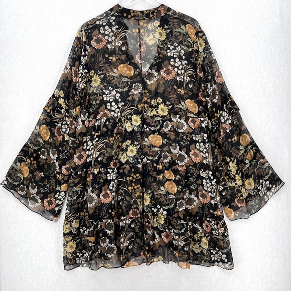 ROBERT RODRIGUEZ Floral Print Tiered Ruffled Dress Womens Large Black Sheer - Picture 4 of 16